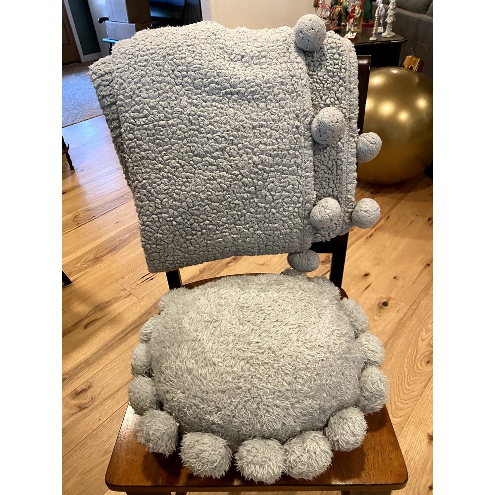 Pottery Barn Cozy Pom Pom Sherpa Throw and Matching Pillow - Grey